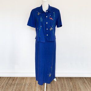 Vintage Ultra Dress Set Size 8 Linen Blend Tropical Fish Embroidered Blue Casual